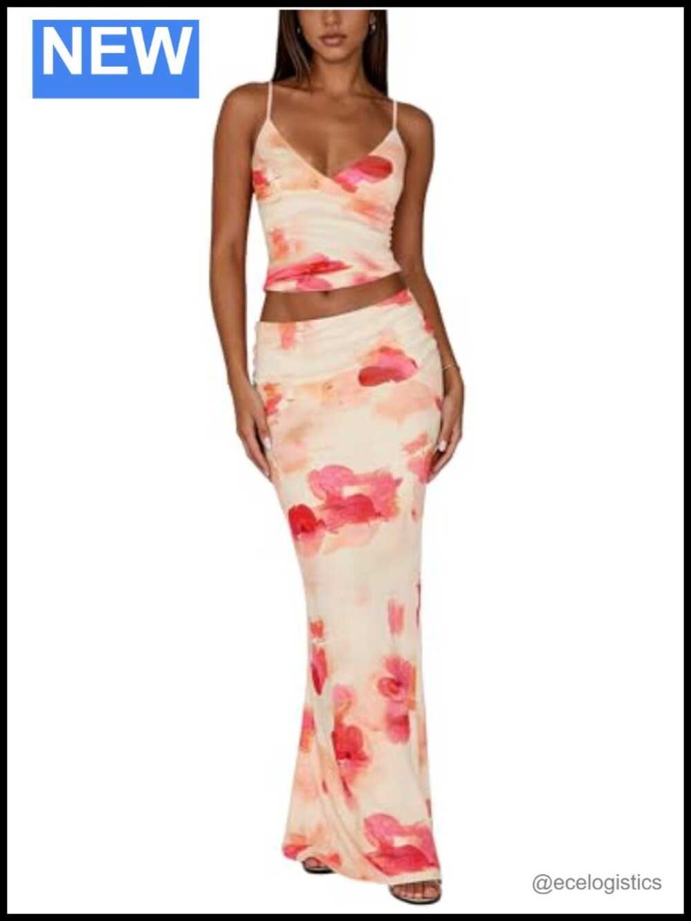 Two Piece Skirt Set for Women Floral Maxi Skirt Spaghetti Strap Bodycon Summer